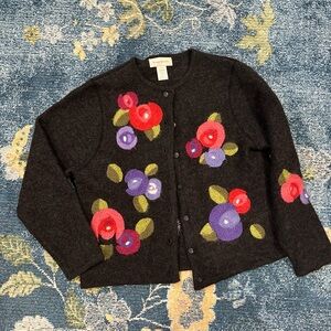 Susan Bristol Women's Grey Cardigan Sweater, Large, Hand Embroidered, 100% Wool